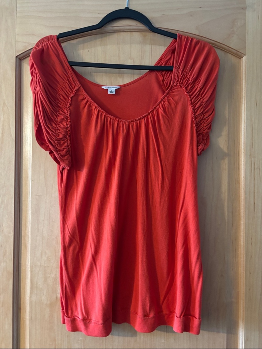 Calvin Klein Orange/Red Ruched Sleeve Scoop Neck Blouse